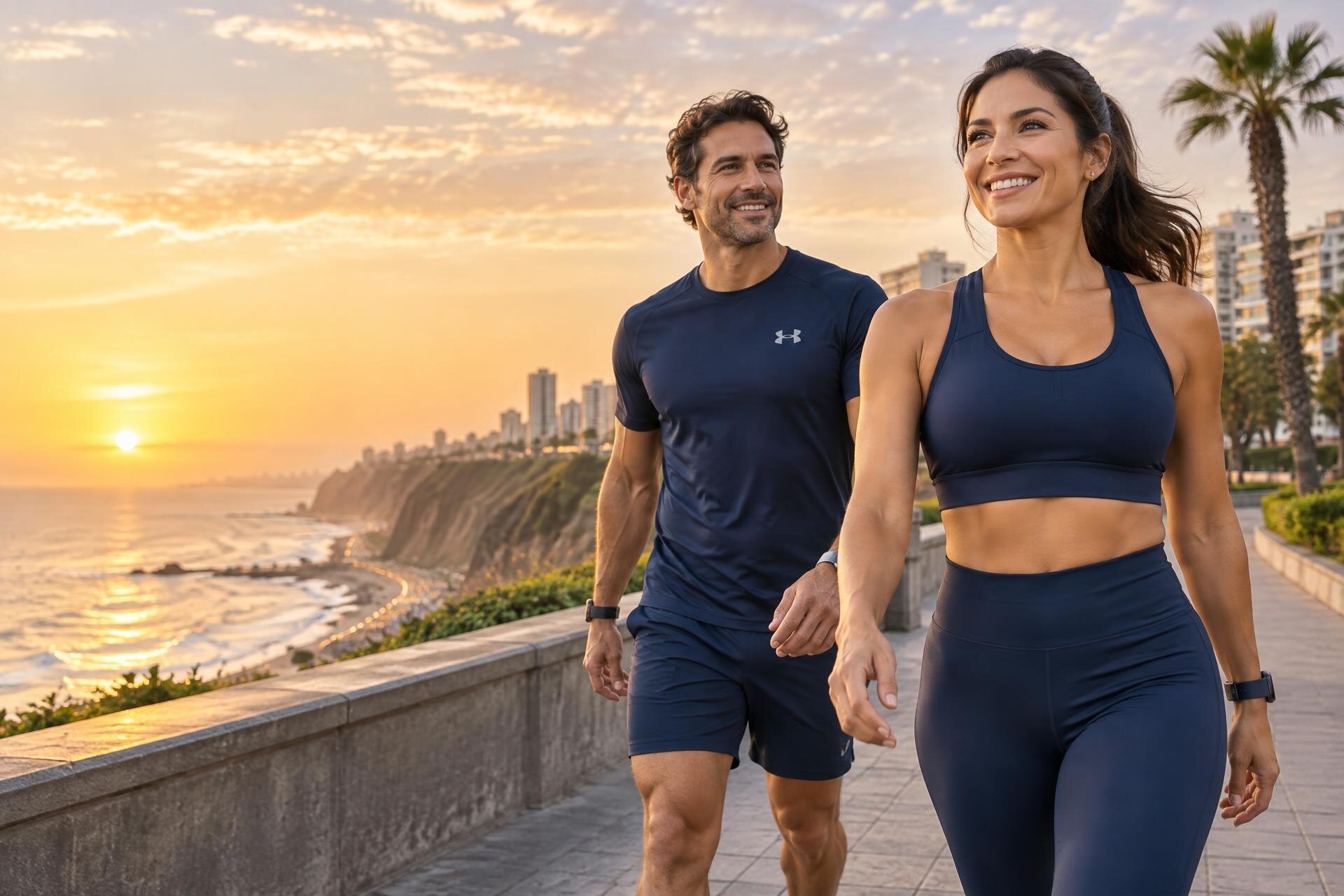 Mujer y hombre caminando juntos por el malecón de Lima al atardecer
